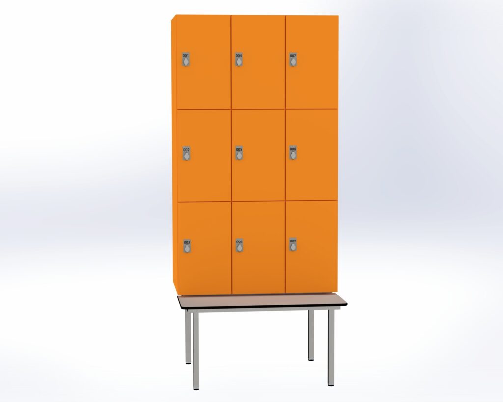 Trockenraum-Spind mit Untergebauter Sitzbank  - 3 Abt. Mandarin Drehriegel