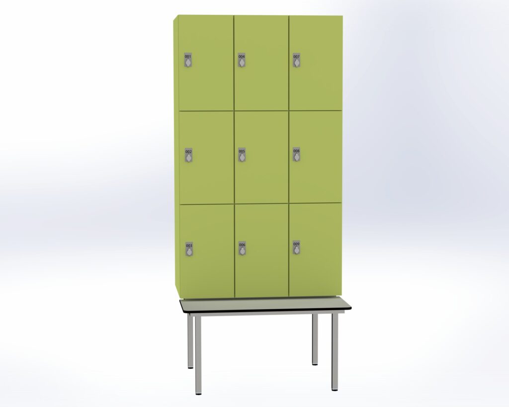 Trockenraum-Spind mit Untergebauter Sitzbank   - 3 Abt. Vivo Drehriegel