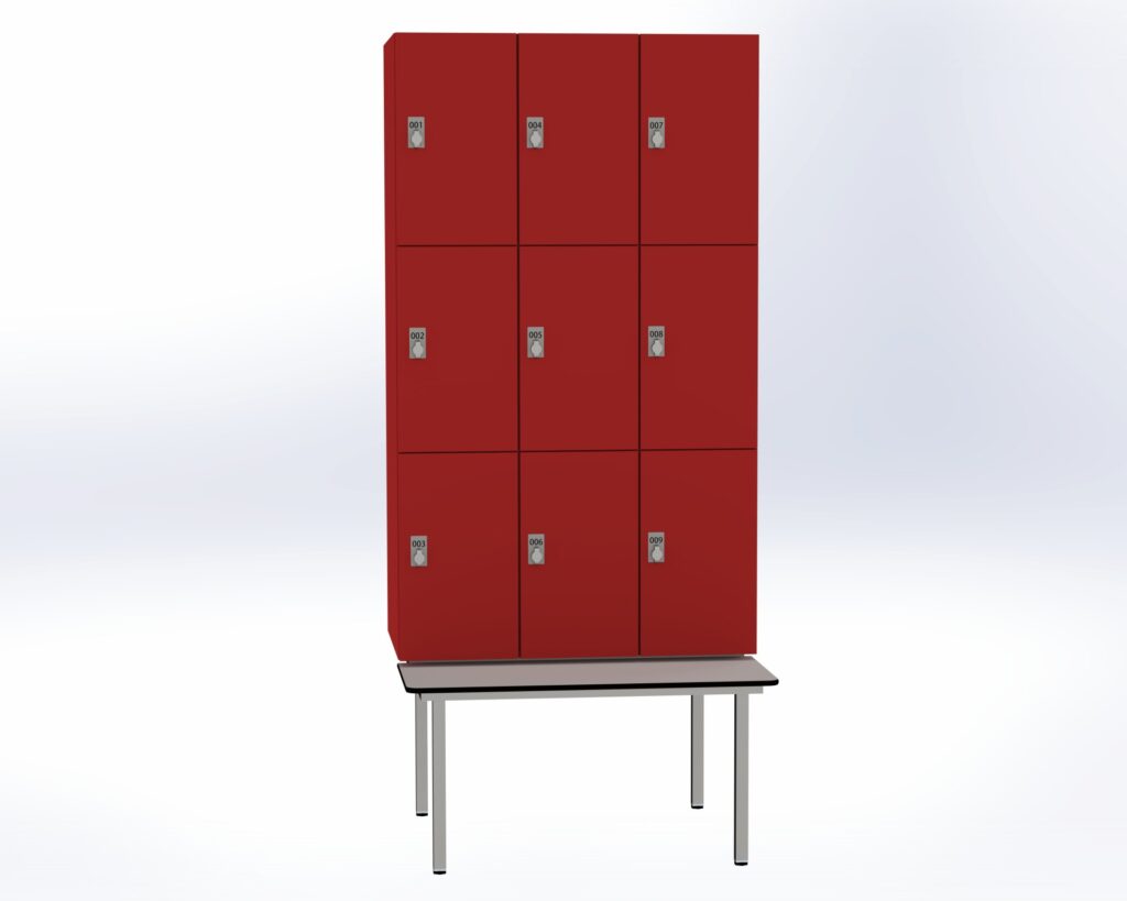 Trockenraum-Spind mit Untergebauter Sitzbank   - 3 Abt. Rot Drehriegel