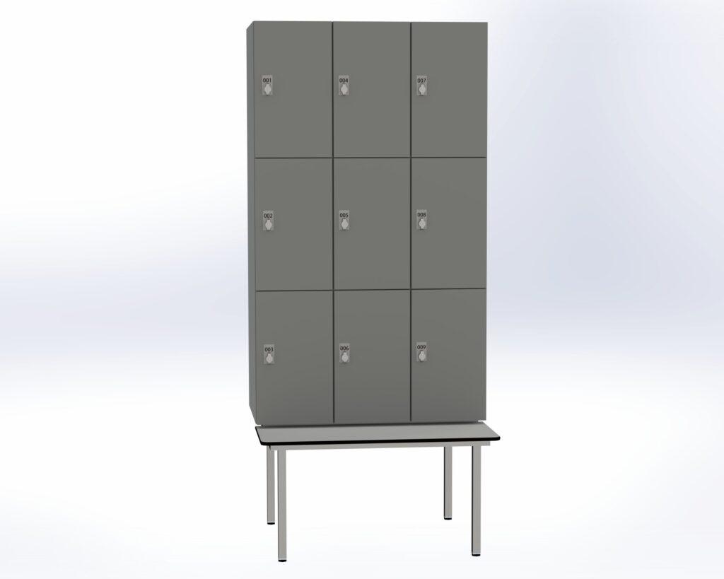 Trockenraum-Spind mit Untergebauter Sitzbank   - 3 Abt. Dunkelgrau Drehriegel