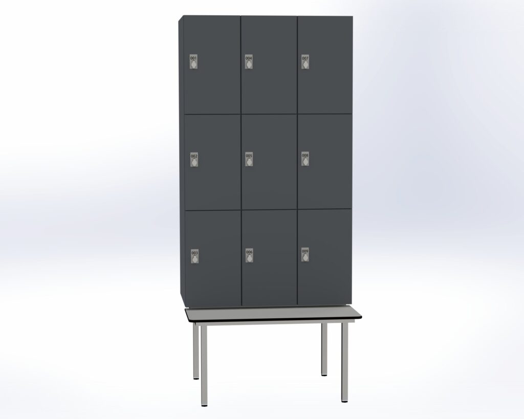 Trockenraum-Spind mit Untergebauter Sitzbank  - 3 Abt. Graphitgrau Drehriegel