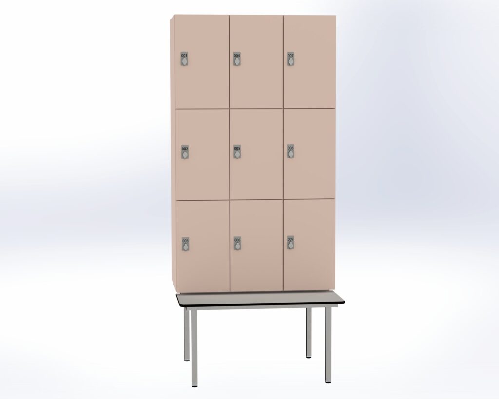 Trockenraum-Spind mit Untergebauter Sitzbank  - 3 Abt. Orichdee Drehriegel