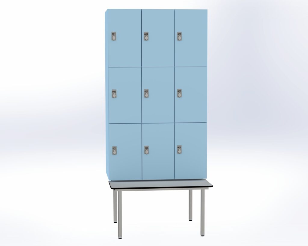 Trockenraum-Spind mit Untergebauter Sitzbank  - 3 Abt. Arktis Drehriegel