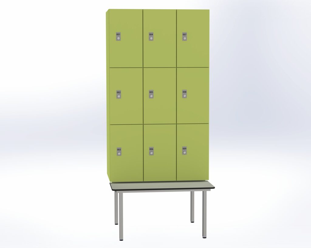 Trockenraum-Spind mit Untergebauter Sitzbank  - 3 Abt. Vivo Zylinderschloss