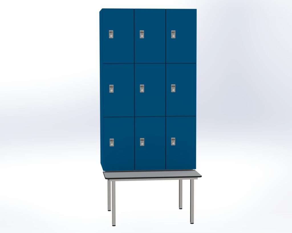 Trockenraum-Spind mit Untergebauter Sitzbank  - 3 Abt. Enzianblau Zylinderschloss