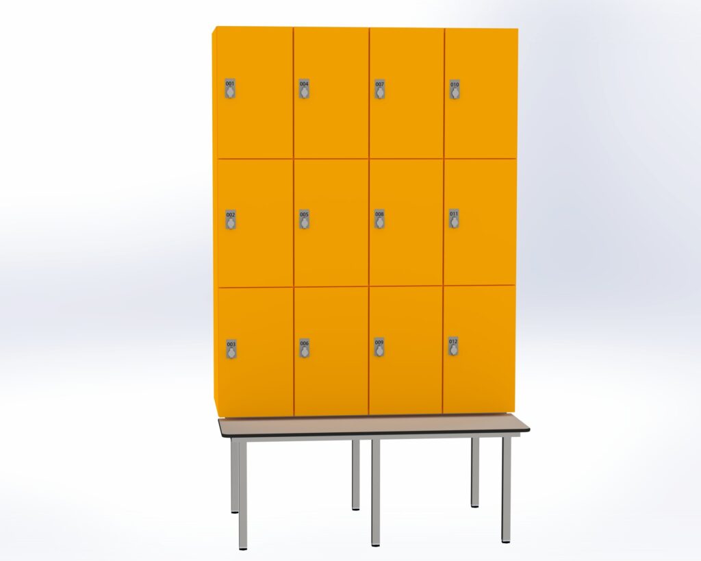 Trockenraum-Spind mit Untergebauter Sitzbank  - 4 Abt. Mango Drehriegel