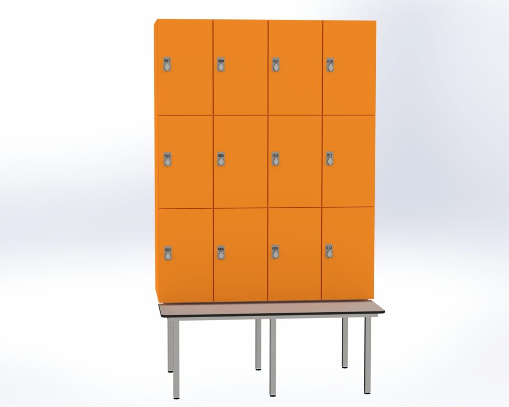 Trockenraum-Spind mit Untergebauter Sitzbank - 4 Abt. Mandarin Drehriegel