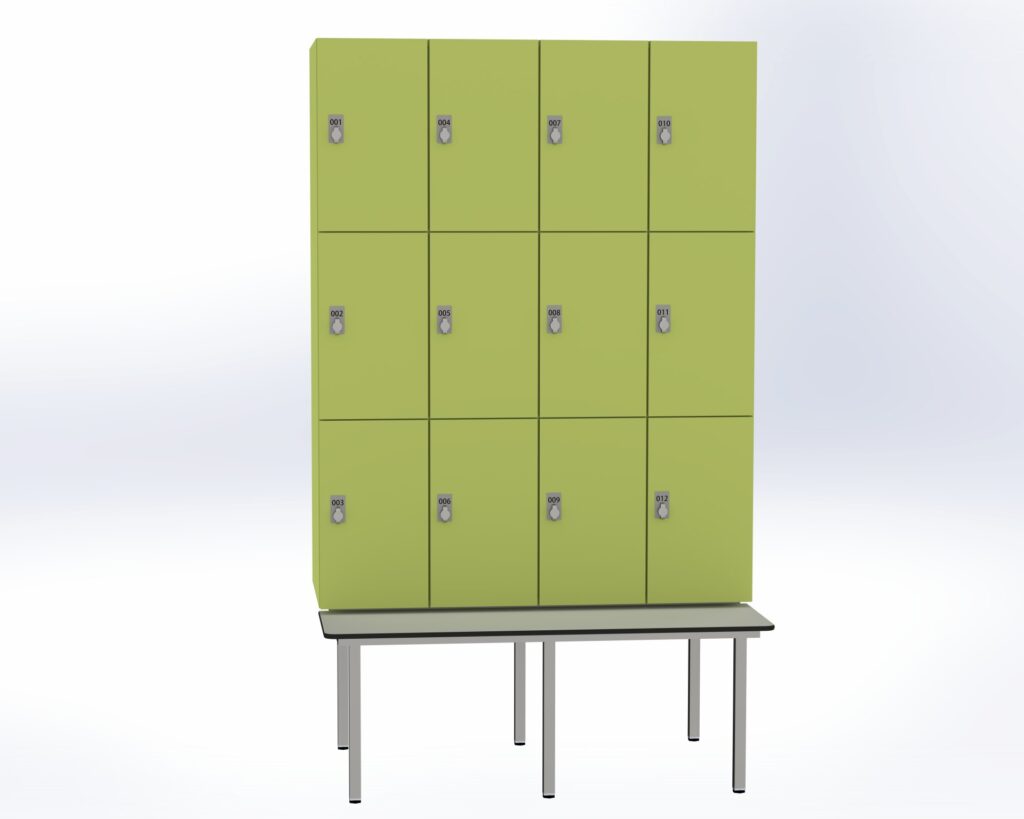 Trockenraum-Spind mit Untergebauter Sitzbank  - 4 Abt. Vivo Drehriegel