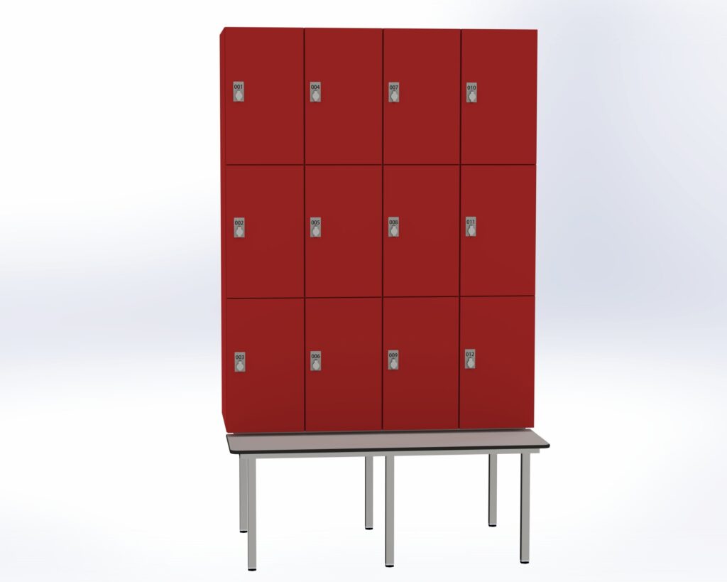 Trockenraum-Spind mit Untergebauter Sitzbank  - 4 Abt. Rot Drehriegel