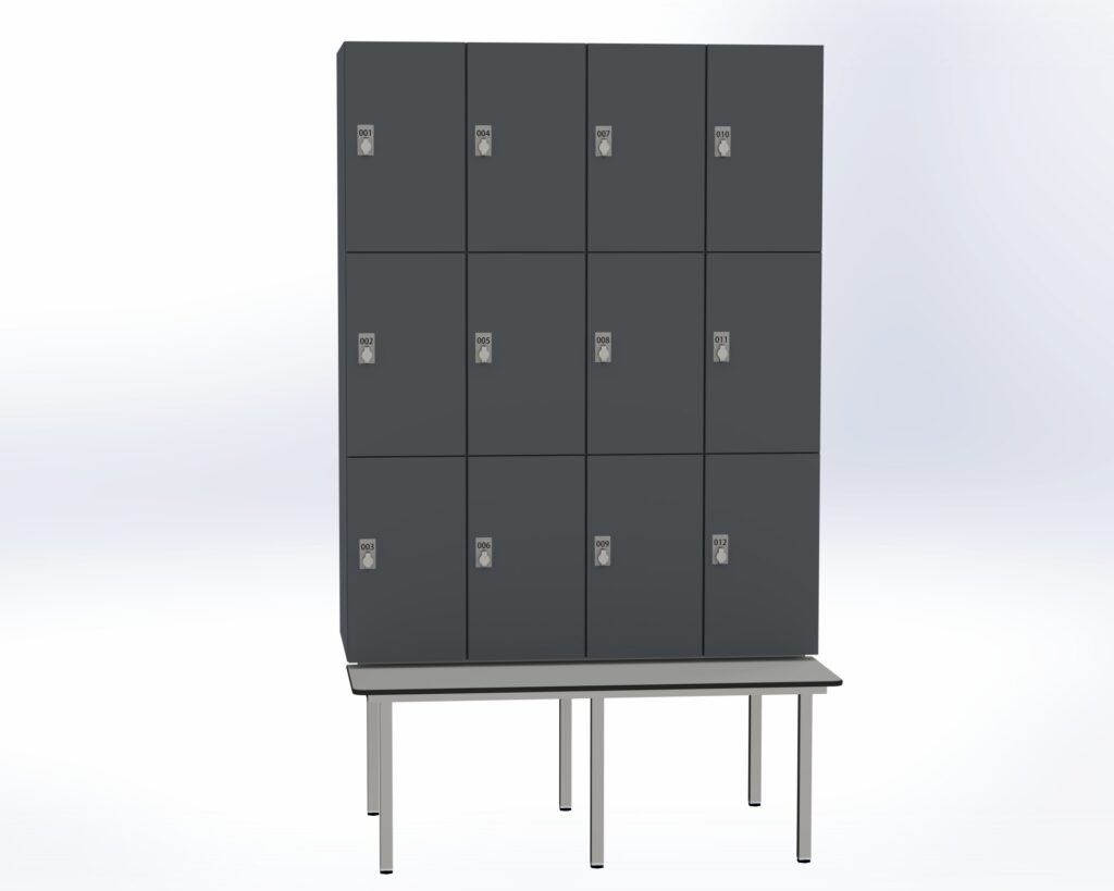 Trockenraum-Spind mit Untergebauter Sitzbank - 4 Abt. Graphitgrau Drehriegel