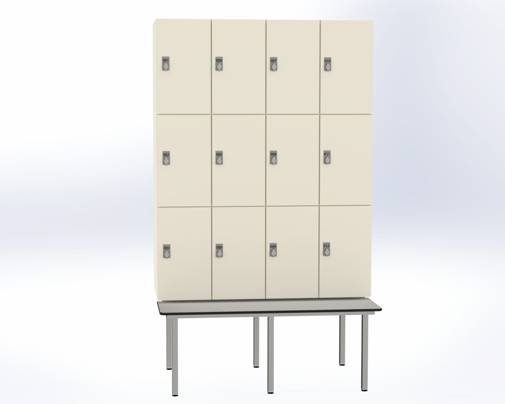 Trockenraum-Spind mit Untergebauter Sitzbank  - 4 Abt. Weiß Drehriegel