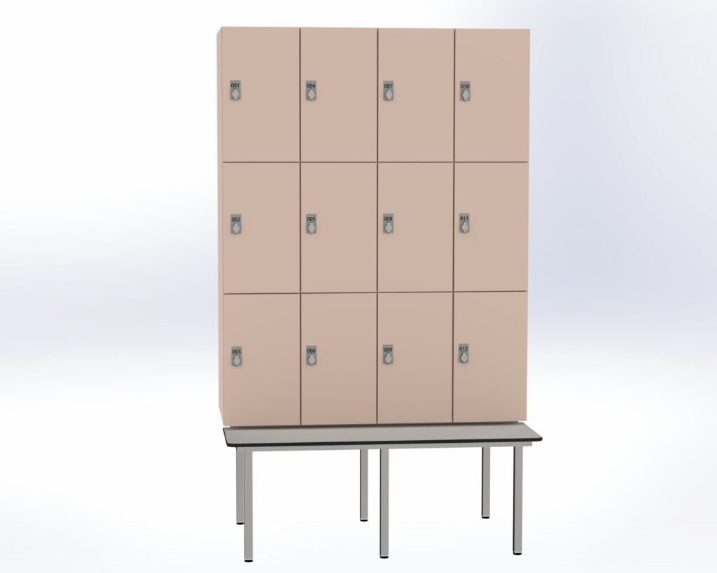 Trockenraum-Spind mit Untergebauter Sitzbank  - 4 Abt. Orichdee Drehriegel