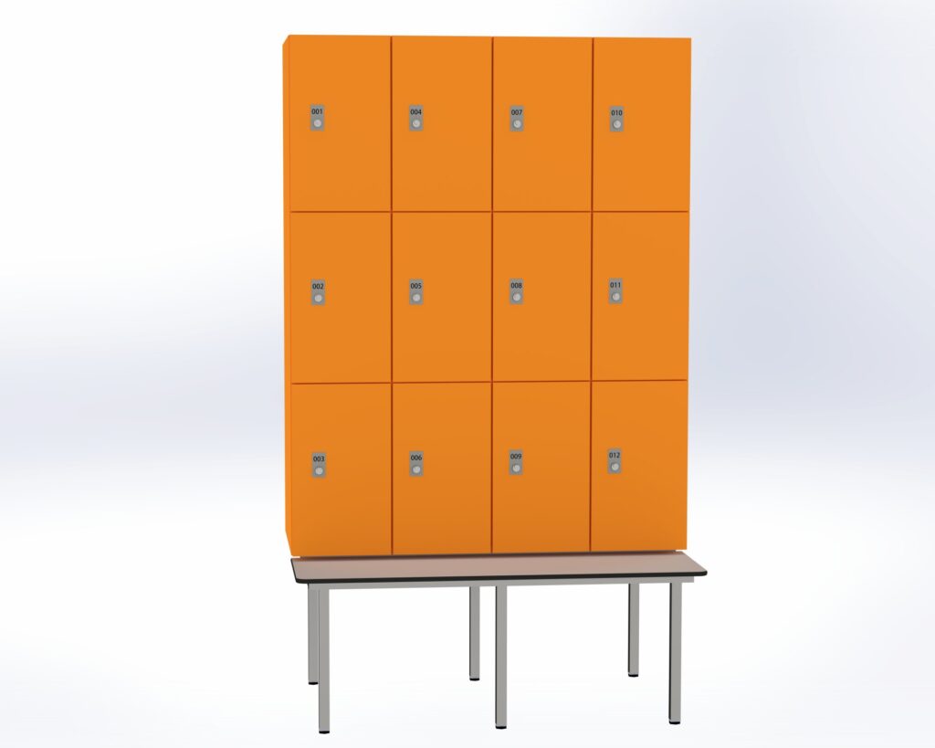 Trockenraum-Spind mit Untergebauter Sitzbank  - 4 Abt. Mandarin Zylinderschloss