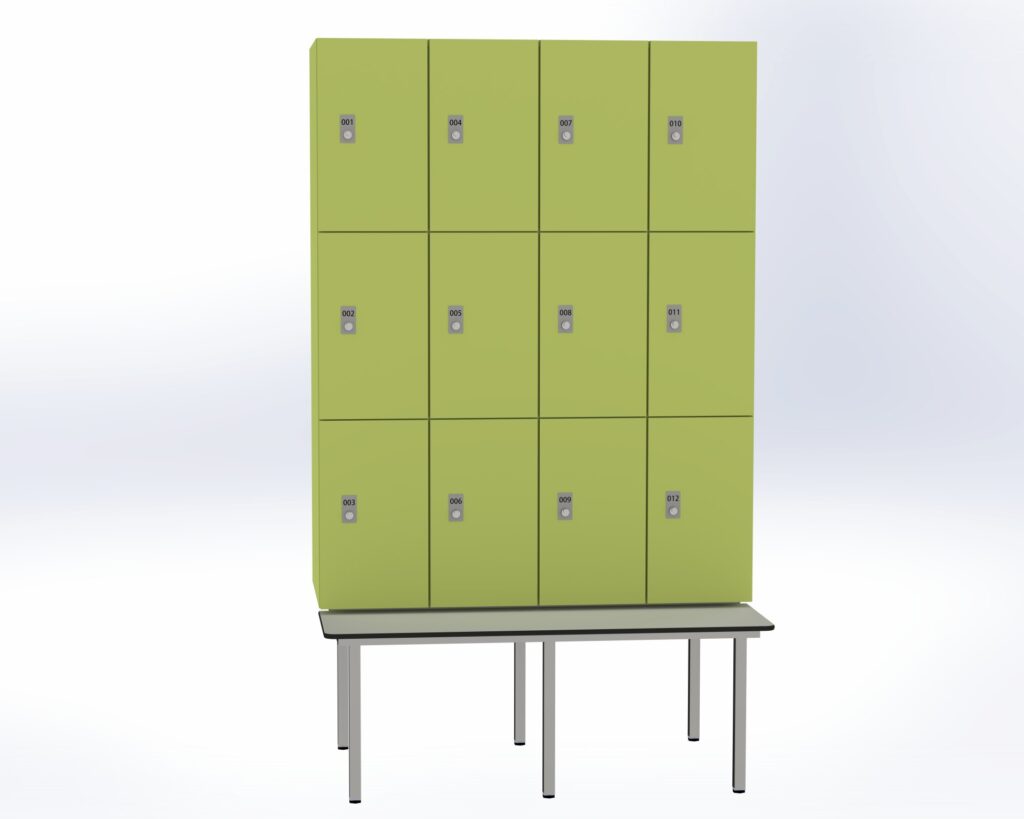 Trockenraum-Spind mit Untergebauter Sitzbank - 4 Abt. Vivo Zylinderschloss