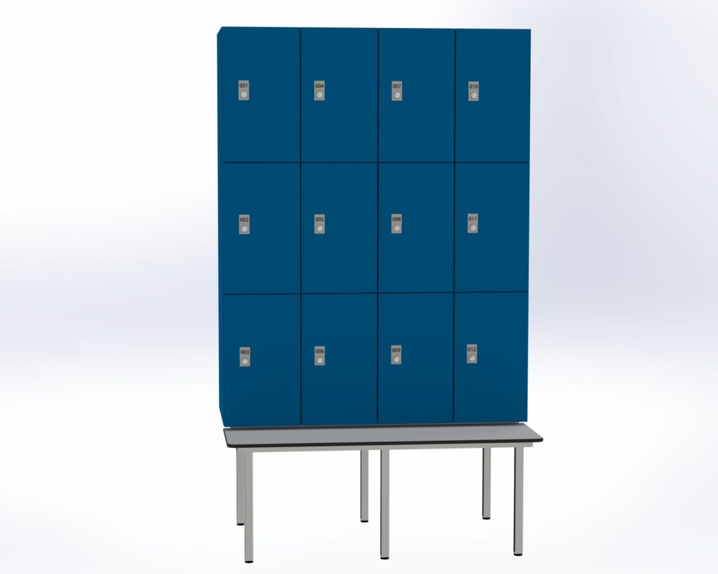 Trockenraum-Spind mit Untergebauter Sitzbank  - 4 Abt. Enzianblau Zylinderschloss