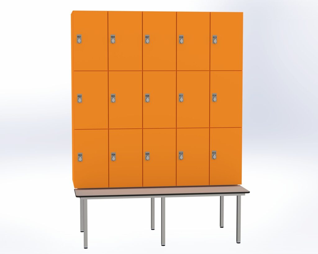 Trockenraum-Spind mit Untergebauter Sitzbank  - 5 Abt. Mandarin Drehriegel