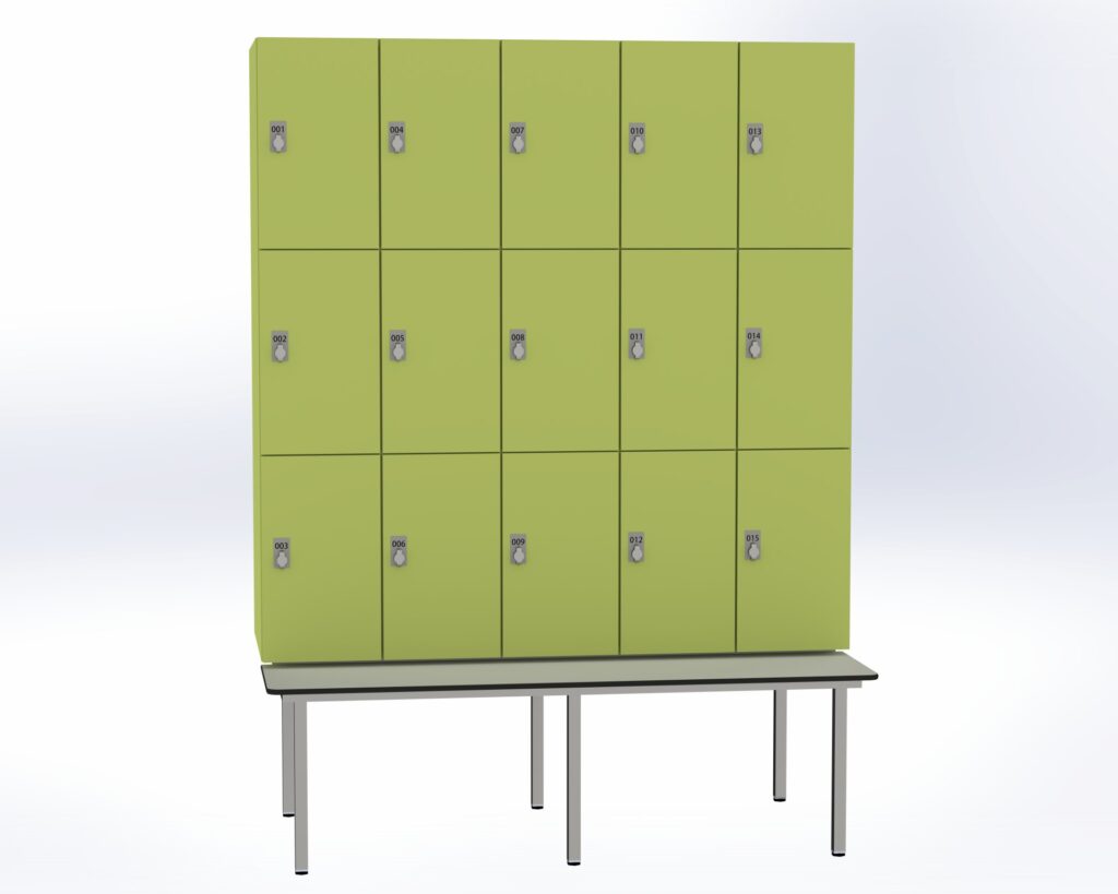 Trockenraum-Spind mit Untergebauter Sitzbank  - 5 Abt. Vivo Drehriegel