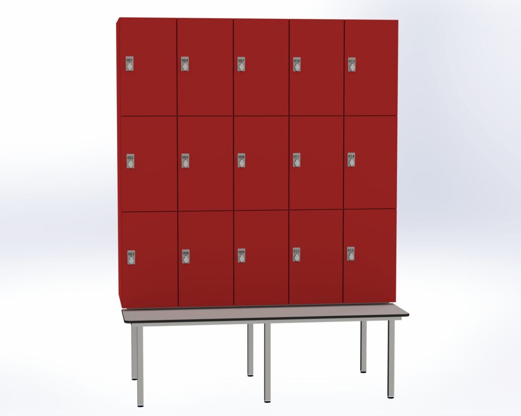 Trockenraum-Spind mit Untergebauter Sitzbank  - 5 Abt. Rot Drehriegel