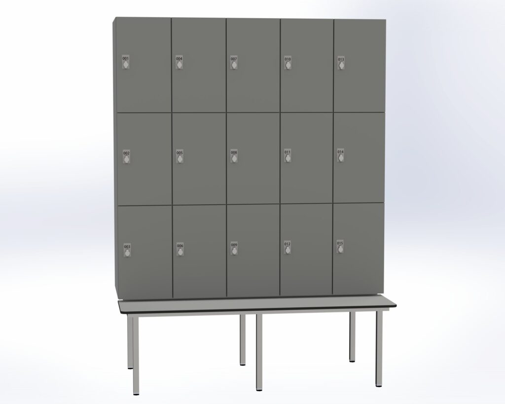 Trockenraum-Spind mit Untergebauter Sitzbank - 5 Abt. Dunkelgrau Drehriegel