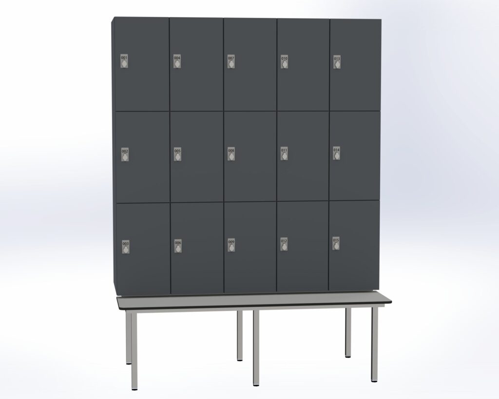 Trockenraum-Spind mit Untergebauter Sitzbank - 5 Abt. Graphitgrau Drehriegel