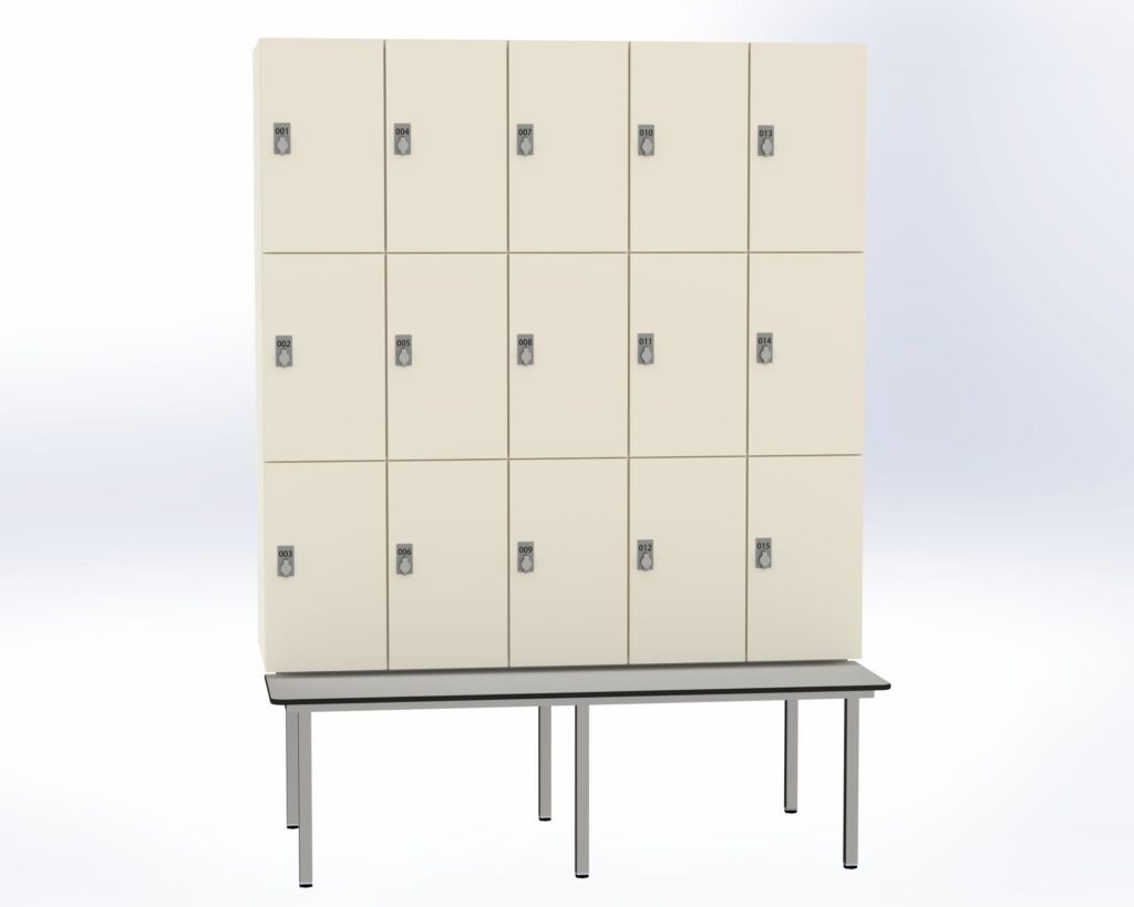 Trockenraum-Spind mit Untergebauter Sitzbank  - 5 Abt. Weiß Drehriegel