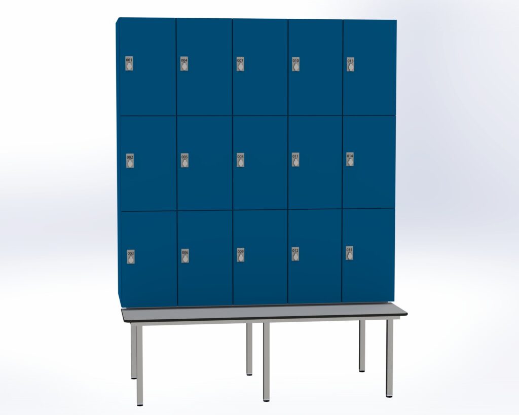 Trockenraum-Spind mit Untergebauter Sitzbank  - 5 Abt. Enzianblau Drehriegel