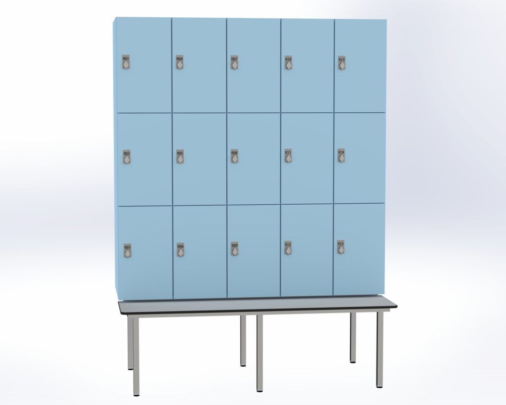 Trockenraum-Spind mit Untergebauter Sitzbank  - 5 Abt. Arktis Drehriegel