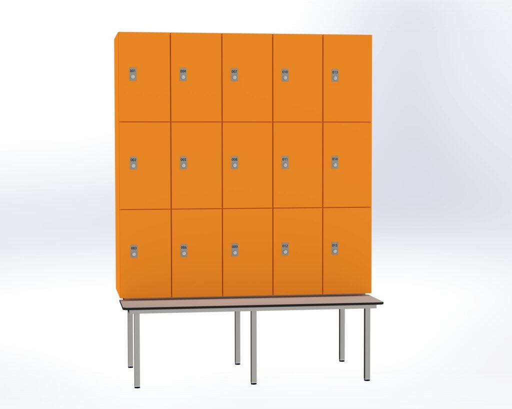 Trockenraum-Spind mit Untergebauter Sitzbank  - 5 Abt. Mandarin Zylinderschloss