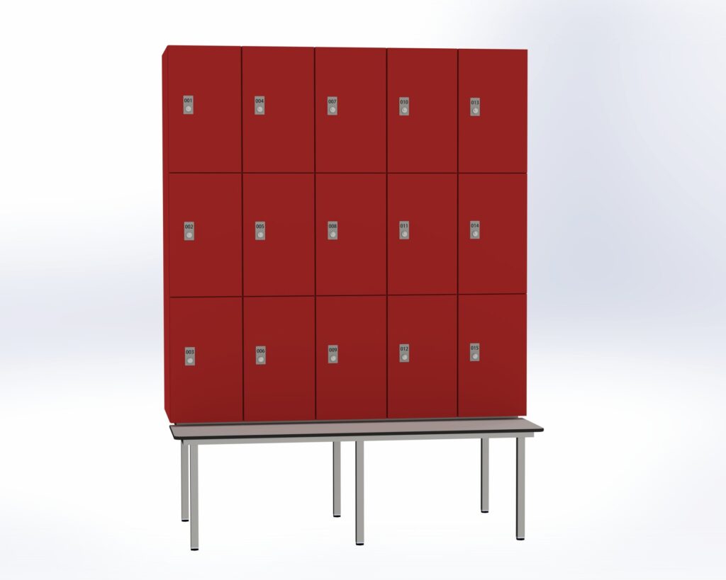 Trockenraum-Spind mit Untergebauter Sitzbank  - 5 Abt. Rot Zylinderschloss