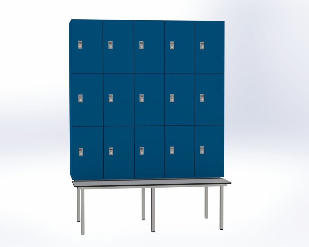 Trockenraum-Spind mit Untergebauter Sitzbank  - 5 Abt. Enzianblau Zylinderschloss